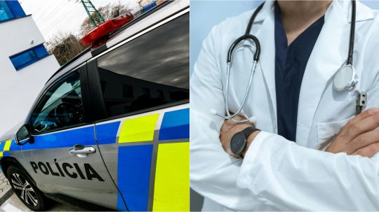 Na ilustračnej snímke policajné auto a lekár.