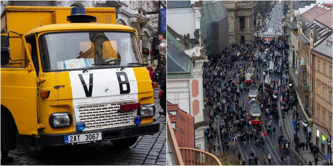 Na snímke vozidlo verejnej bezpečnosti a ľudia zhromažďujúci sa na Národnej tirede.