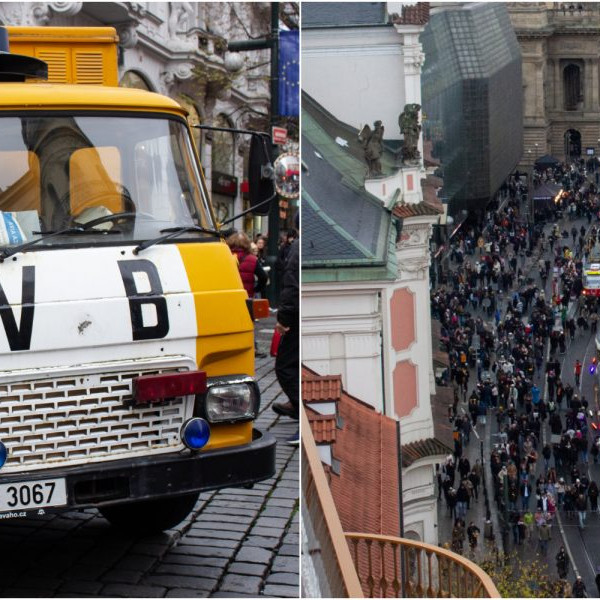 Na snímke vozidlo verejnej bezpečnosti a ľudia zhromažďujúci sa na Národnej tirede.