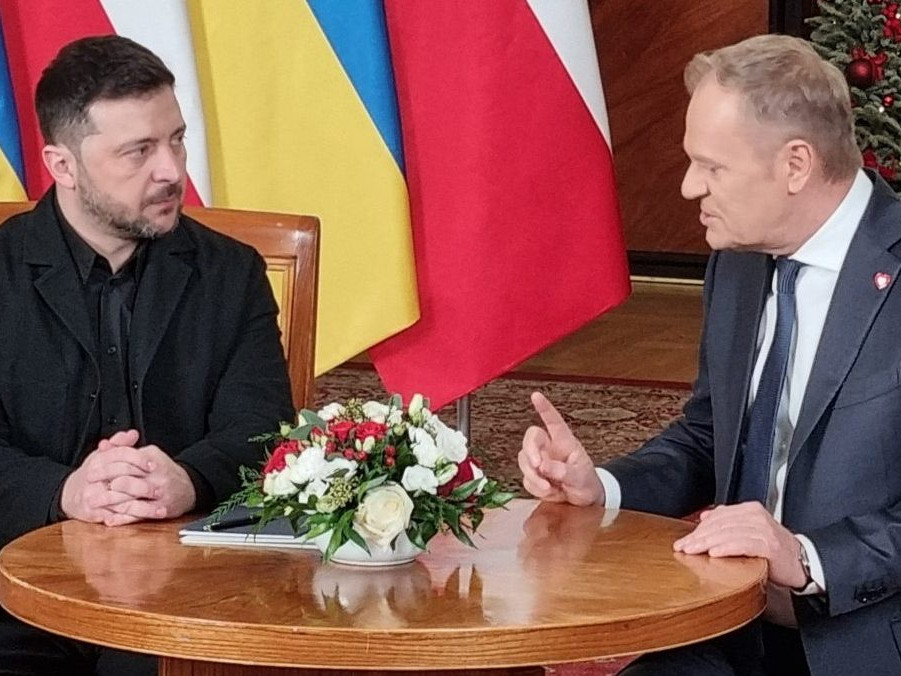 Ukrajinský prezident Volodymyr Zelenskyj a poľský premiér Donald Tusk.