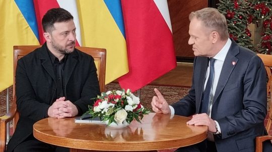 Ukrajinský prezident Volodymyr Zelenskyj a poľský premiér Donald Tusk.