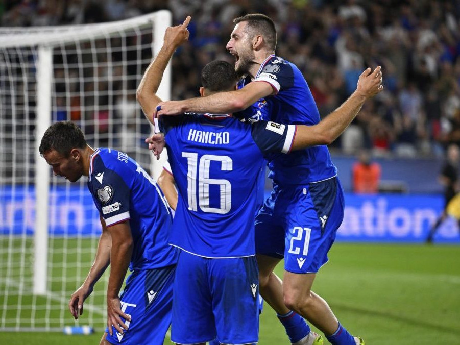 Slovenskí futbalisti oslavujú gól proti Nemecku.