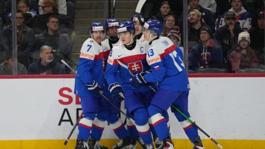 Slovenskí hokejisti do 20 rokov sa tešia z gólu proti USA.
