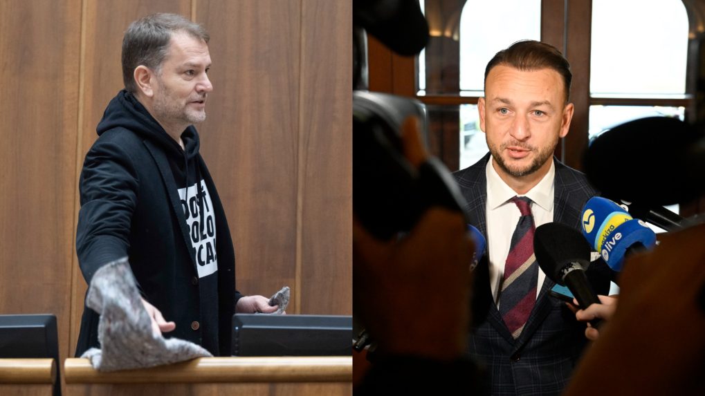 Na snímke líder hnutia Slovensko Igor Matovič a predseda strany Hlas-SD Matúš Šutaj Eštok.