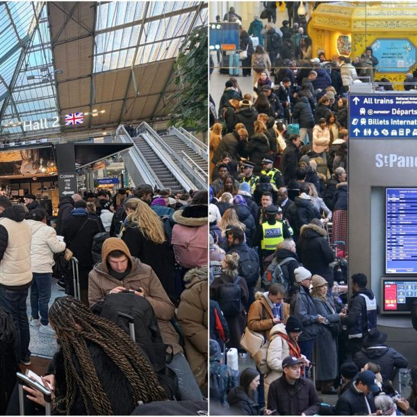 Na snímke cestujúci, ktorí uviazli na staniciach v Londýne a v Paríži.
