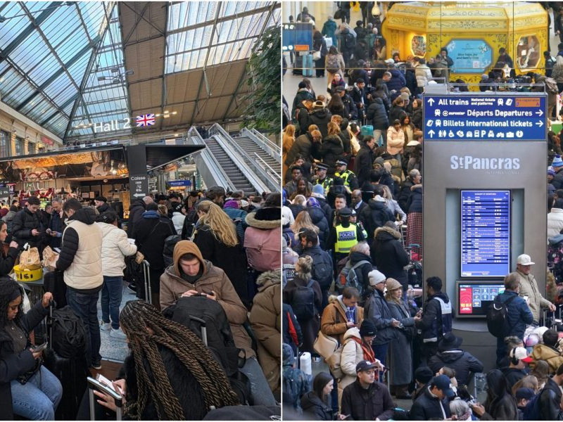 Na snímke cestujúci, ktorí uviazli na staniciach v Londýne a v Paríži.