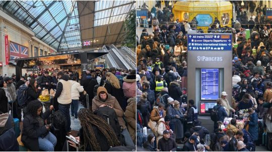 Na snímke cestujúci, ktorí uviazli na staniciach v Londýne a v Paríži.