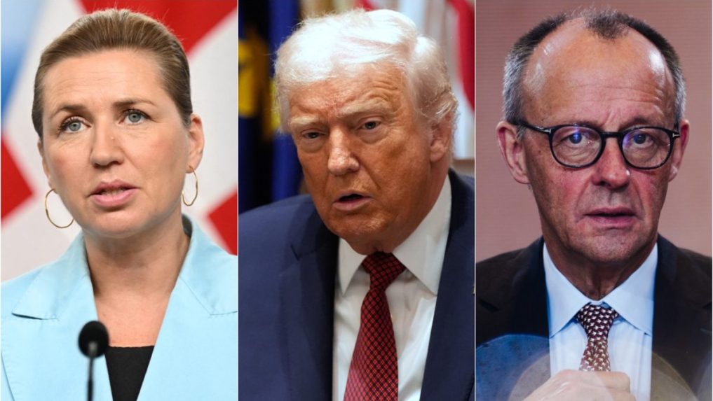Na snímke Mette Frederiksenová, Donald Trump a Friedrich Merz.