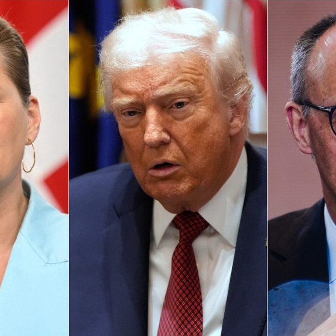 Na snímke Mette Frederiksenová, Donald Trump a Friedrich Merz.