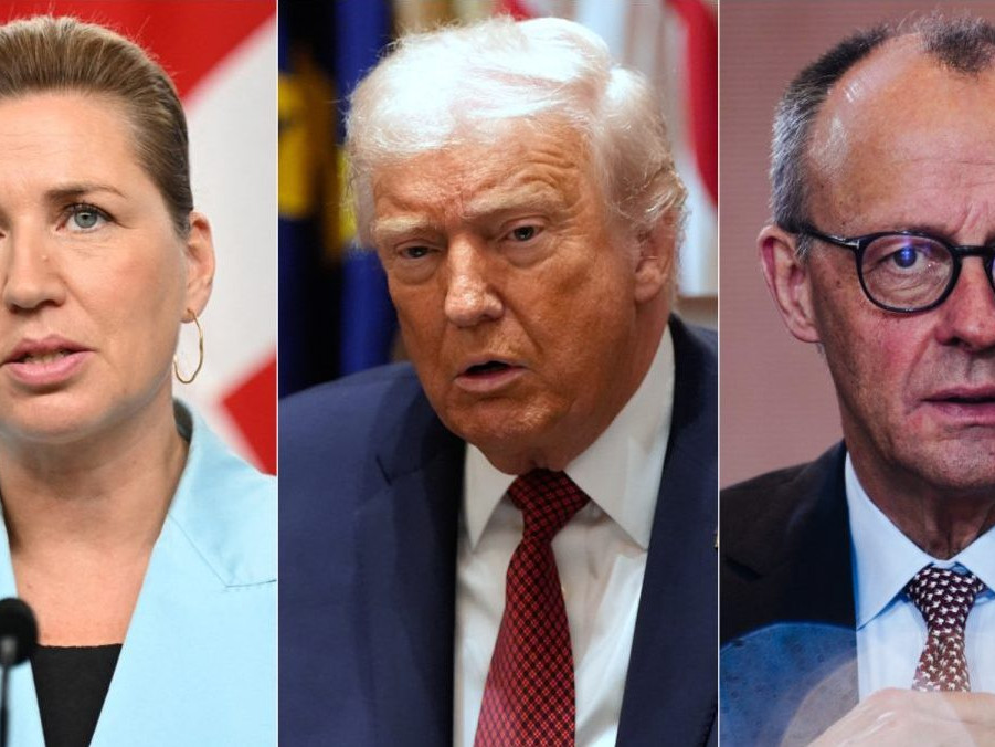 Na snímke Mette Frederiksenová, Donald Trump a Friedrich Merz.