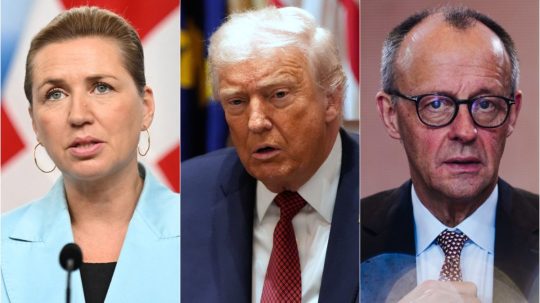 Na snímke Mette Frederiksenová, Donald Trump a Friedrich Merz.