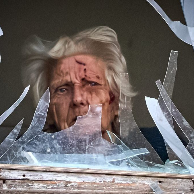 zranená žena za rozbitým oknom