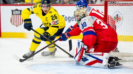 Na snímke hokejisti Švédska a Česka.