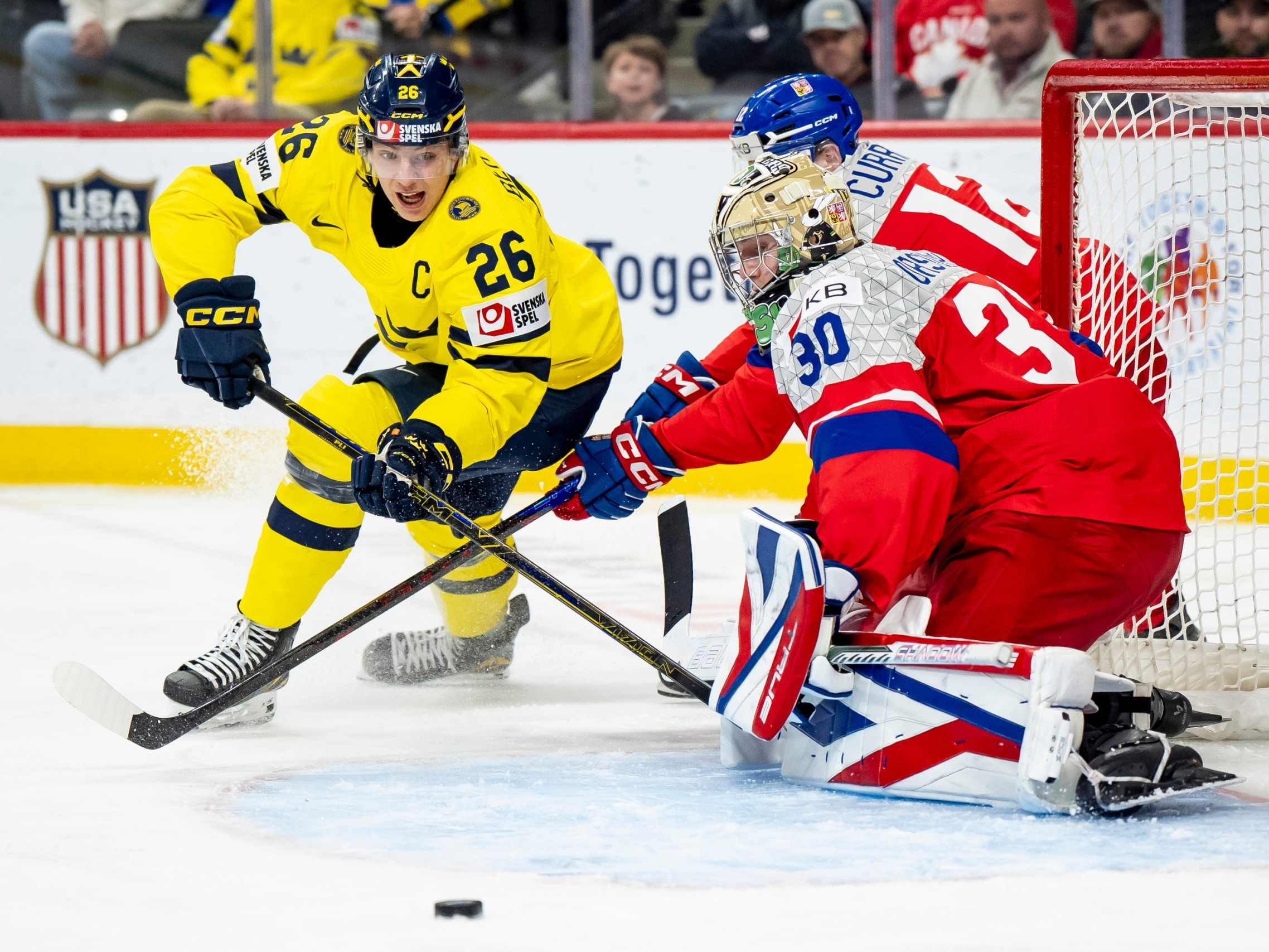 Na snímke hokejisti Švédska a Česka.