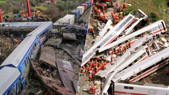 Na snímke miesta nehôd vlakov v Nemecku a v Grécku.