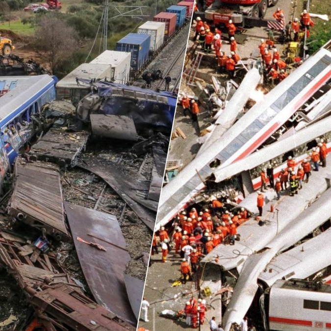 Na snímke miesta nehôd vlakov v Nemecku a v Grécku.