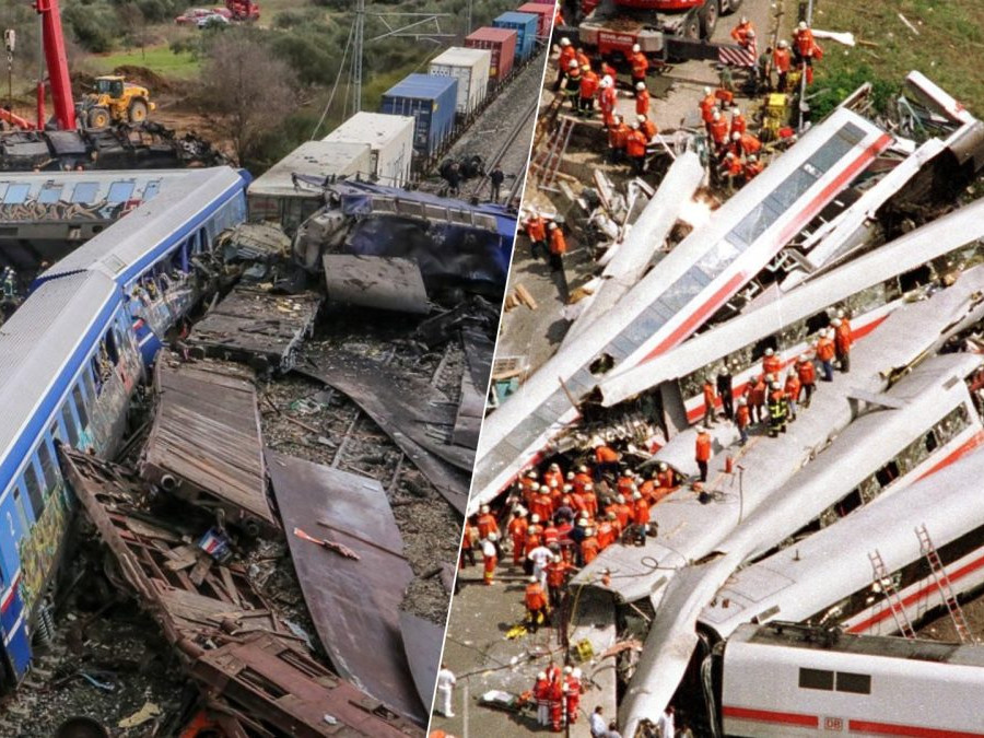 Na snímke miesta nehôd vlakov v Nemecku a v Grécku.