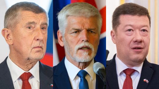 Zľava Andrej Babiš, Peter Pavel a Tomio Okamura.