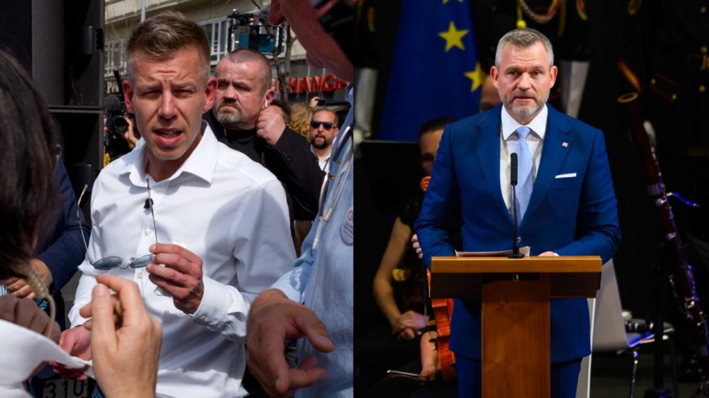 Predseda maďarskej mimoparlamentnej opozičnej strany TISZA Péter Magyar a prezident SR Peter Pellegrini.