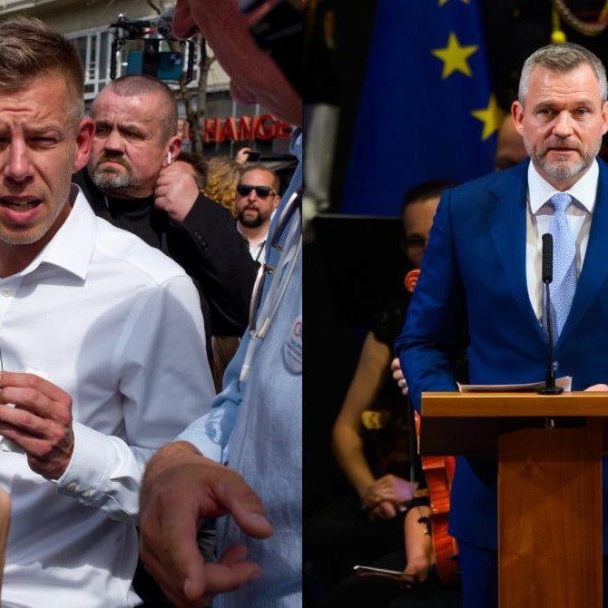 Predseda maďarskej mimoparlamentnej opozičnej strany TISZA Péter Magyar a prezident SR Peter Pellegrini.