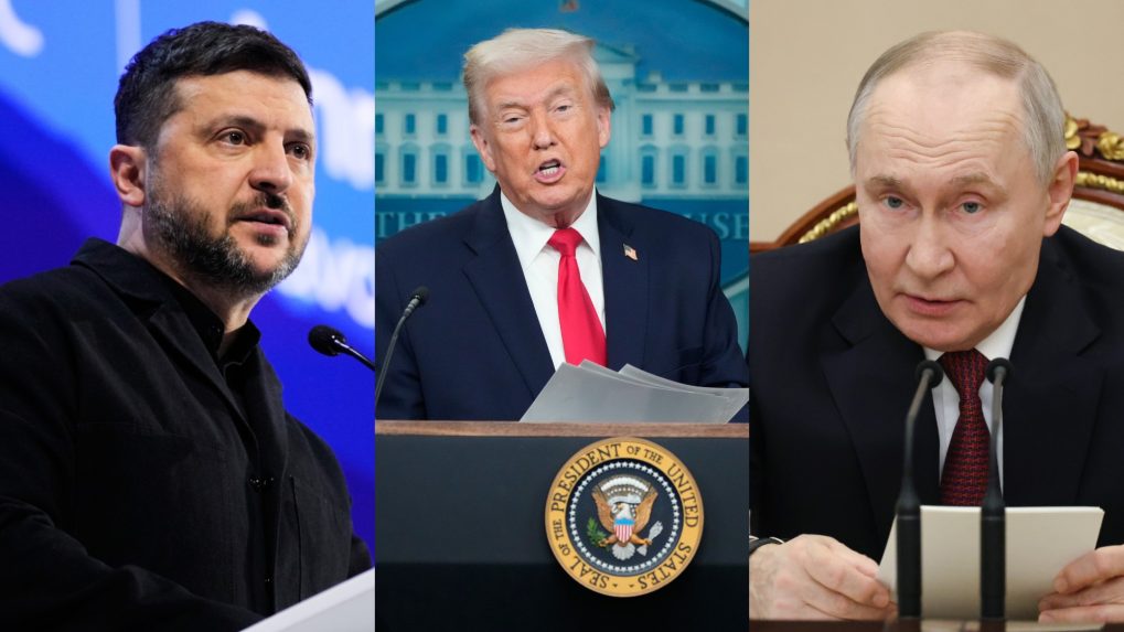 Volodymyr Zelenskyj, Donald Trump a Vladimir Putin.