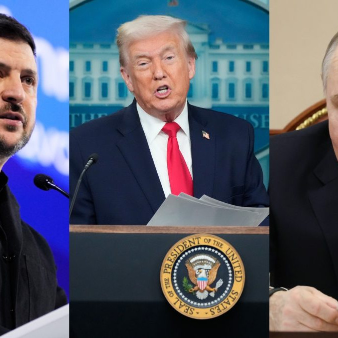 Volodymyr Zelenskyj, Donald Trump a Vladimir Putin.