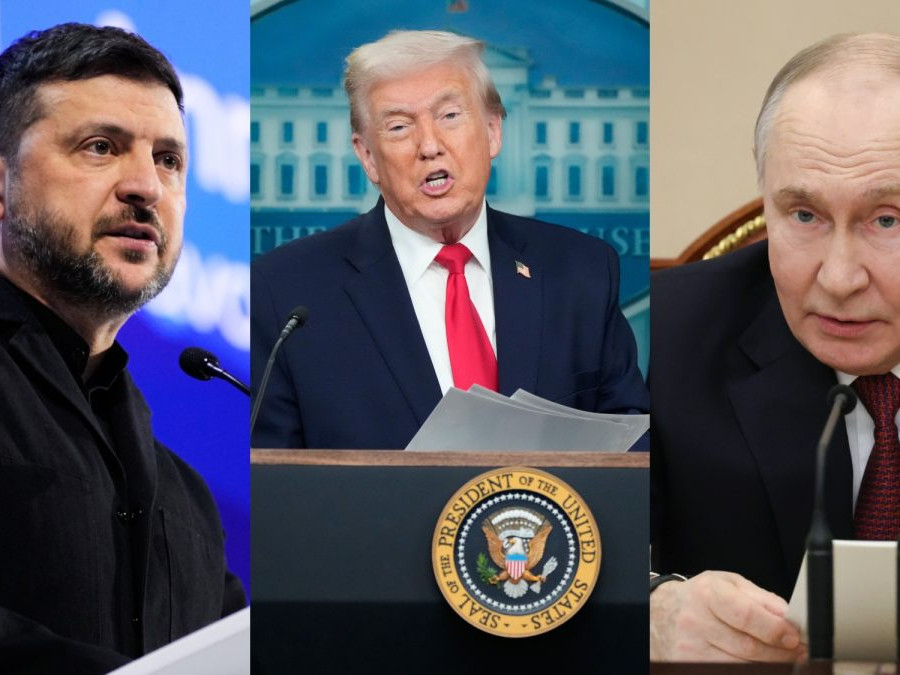 Volodymyr Zelenskyj, Donald Trump a Vladimir Putin.