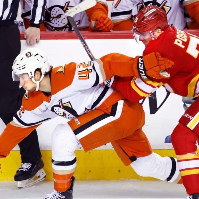 Na snímke Tim Washe (42) z Anaheim Ducks bojuje s Martinom Pospíšilom.