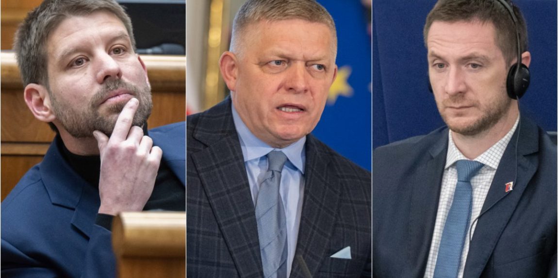 Na snímke zľava Michal Šimečka, Robert Fico a Milan Uhrík.