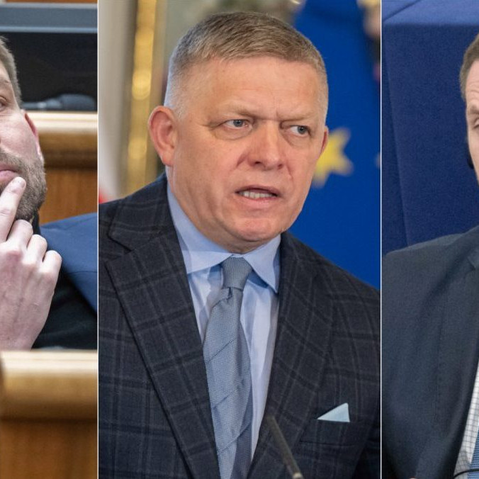 Na snímke zľava Michal Šimečka, Robert Fico a Milan Uhrík.