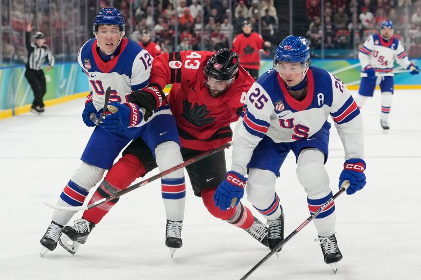 Snímka zo zápasu finále hokejového turnaja ZOH 2026 USA - Kanada.