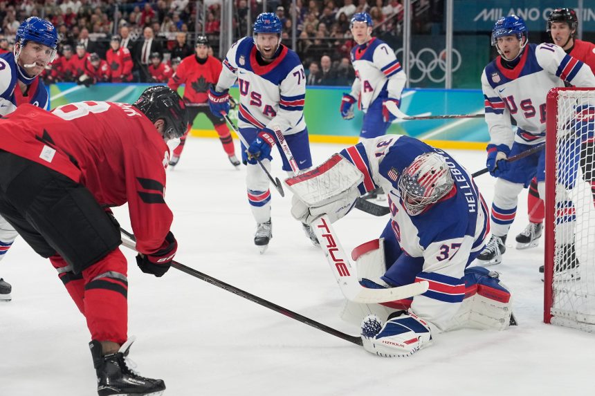 Snímka zo zápasu finále hokejového turnaja ZOH 2026 USA - Kanada.