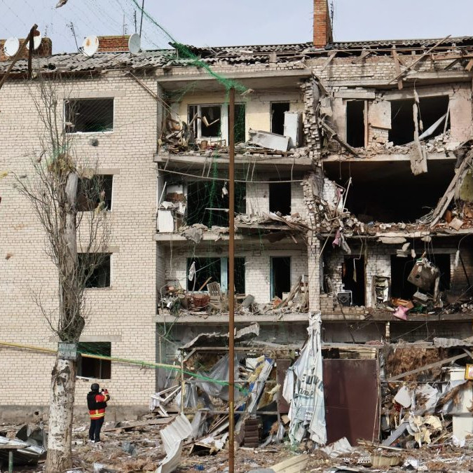 Zničené budovy v Záporoskej oblasti na Ukrajine.