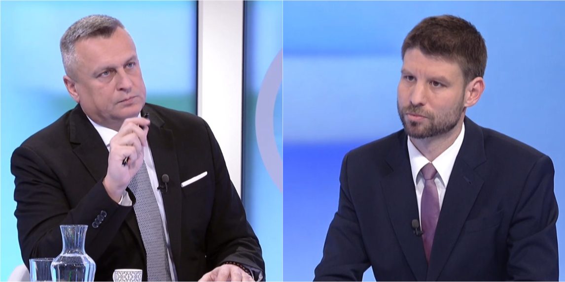 Na snímke Andrej Danko a Michal Šimečka v relácii O 5 minút 12.