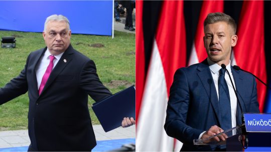 Na snímke Viktor Orbán a Péter Magyar.