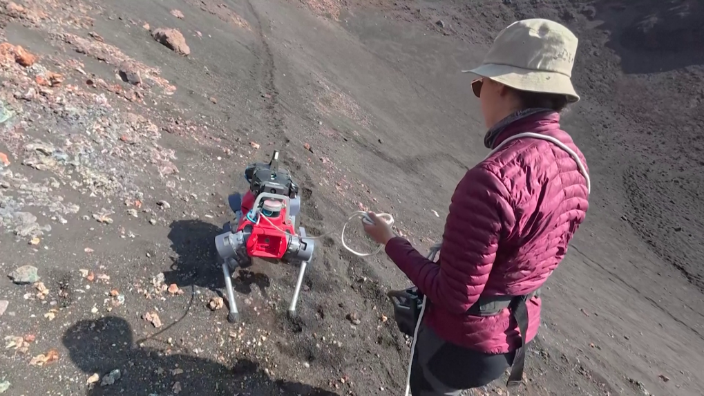 Na snímke je robot, ktorého sprevádza na vôdzke osoba.