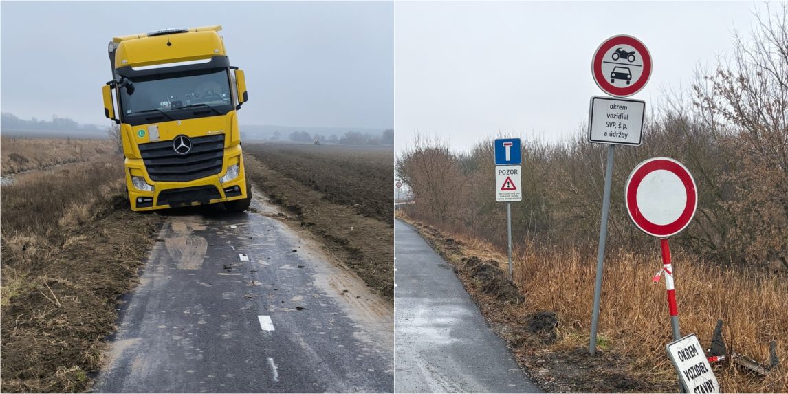Na snímke kamión, ktorý uviazol na cyklotrase.
