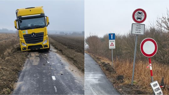 Na snímke kamión, ktorý uviazol na cyklotrase.