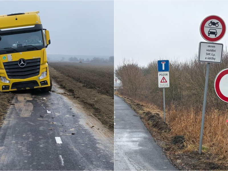 Na snímke kamión, ktorý uviazol na cyklotrase.