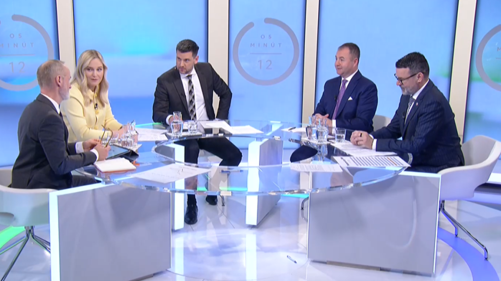 Tomáš Valášek (PS), Vladimíra Marcinková (SaS), Marián Kéry (Smer-SD) a Peter Kalivoda (Hlas-SD) v O 5 minút 12.