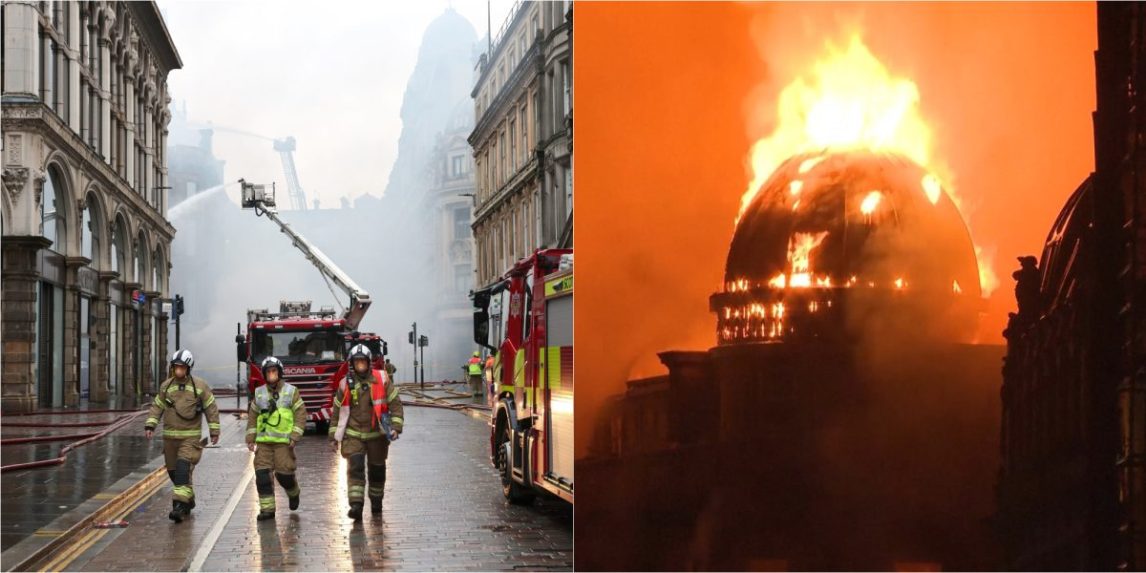 Na snímke požiar historickej budovy v Glasgowe.