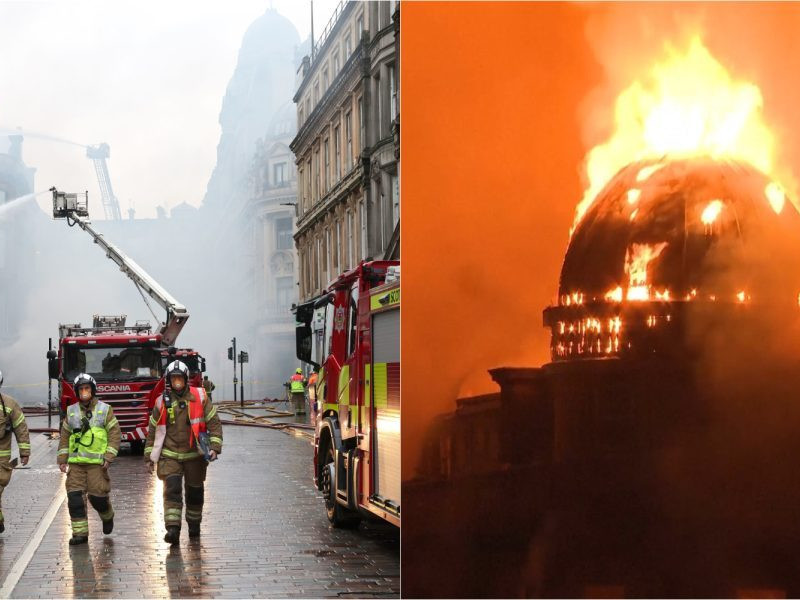 Na snímke požiar historickej budovy v Glasgowe.