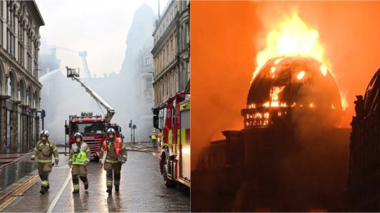 Na snímke požiar historickej budovy v Glasgowe.