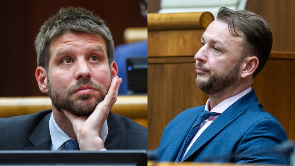 Líder Progresívneho Slovenska Michal Šimečka a minister vnútra a predseda Hlasu-SD Matúš Šutaj Eštok.