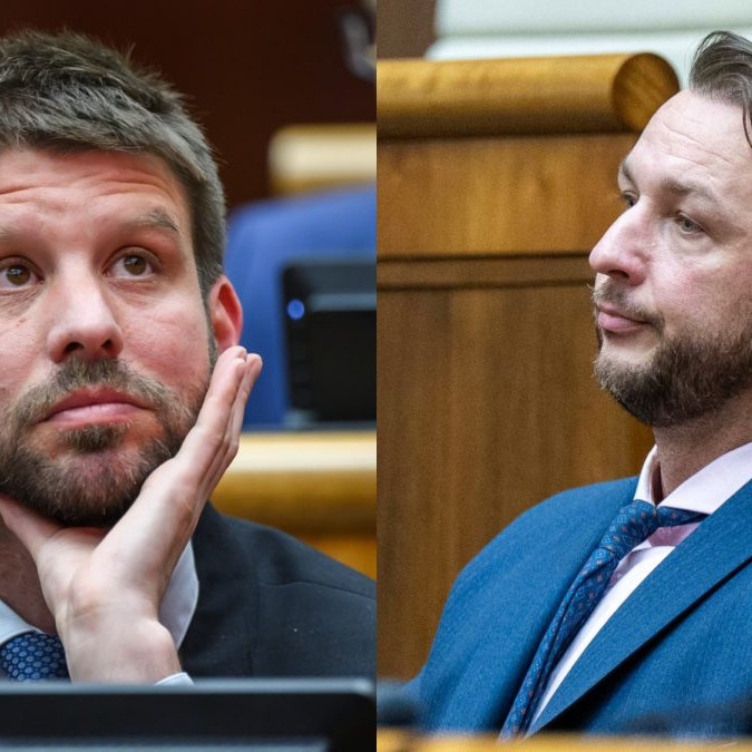 Líder Progresívneho Slovenska Michal Šimečka a minister vnútra a predseda Hlasu-SD Matúš Šutaj Eštok.