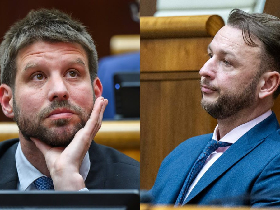 Líder Progresívneho Slovenska Michal Šimečka a minister vnútra a predseda Hlasu-SD Matúš Šutaj Eštok.