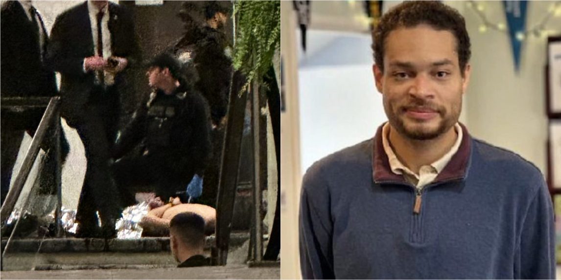 Na kombo snímke polícia zadržiava útočníka a fotografia Colea Tomasa Allena.