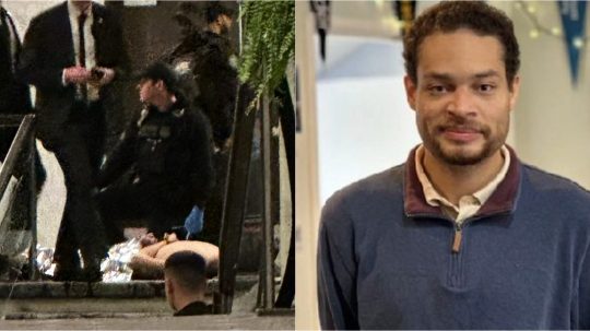 Na kombo snímke polícia zadržiava útočníka a fotografia Colea Tomasa Allena.