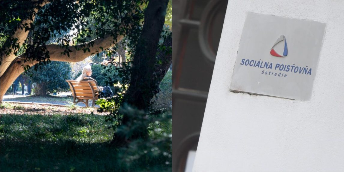 Na kombosnímke dôchodkyňa a logo Sociálnej poisťovne.