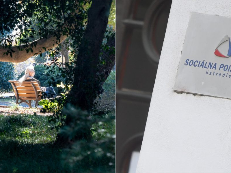 Na kombosnímke dôchodkyňa a logo Sociálnej poisťovne.